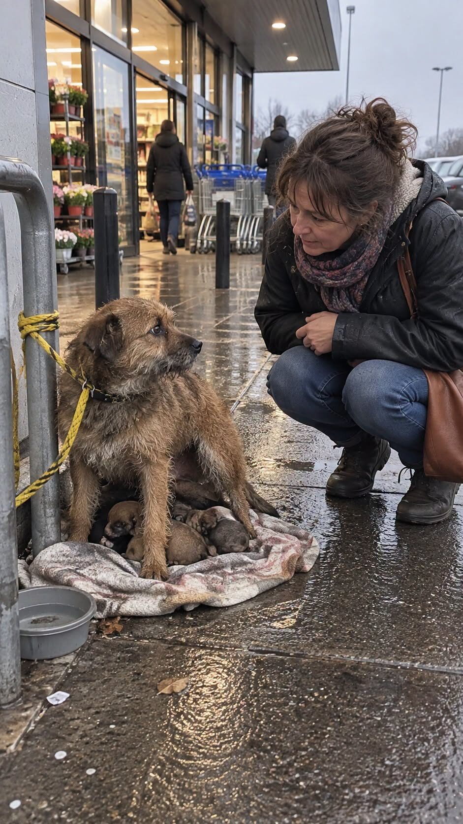 Wszyscy myśleli, że mały piesek przywiązany przed supermarketem jest niebezpieczny — aż do momentu, gdy pewna kobieta uklękła i odkryła, co tak desperacko chroniła.😢🐾